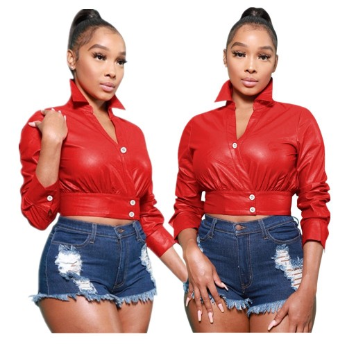 Women's new style flocked leather jacket long-sleeved button leather jacket