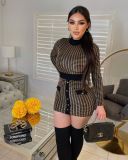 Women's Sexy Button Houndstooth Gold Jacquard Long Sleeve Mini Slim Dress