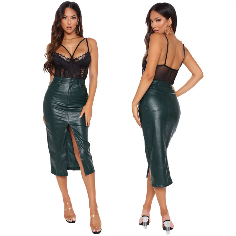 New Slim Front Split Skirt Leather Skirt