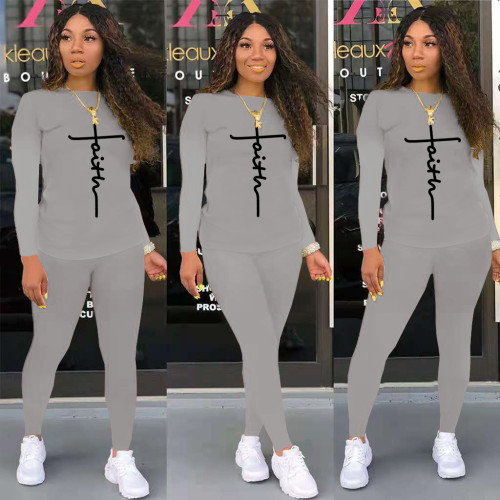 Fashion Ladies Alphabet Print Sweater Pull Rack Casual Sports Suit (with Pockets)