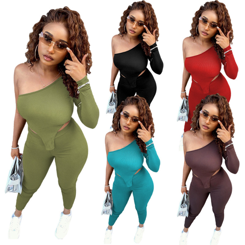Women's sexy off-shoulder casual solid color two-piece personality trousers women's clothing