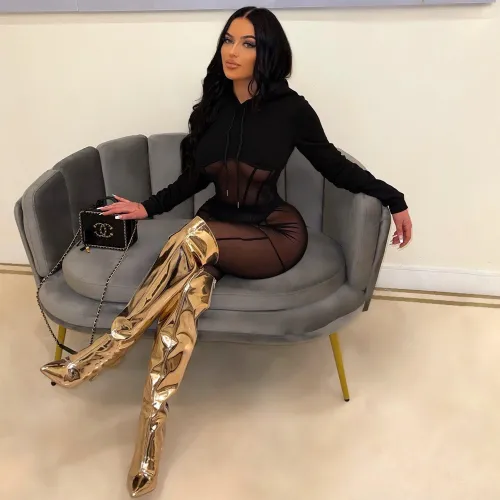 Sexy sheer gauze long-sleeved two-piece nightclub suit
