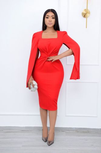 Women's winter beaded cloak twisted waist solid color dress