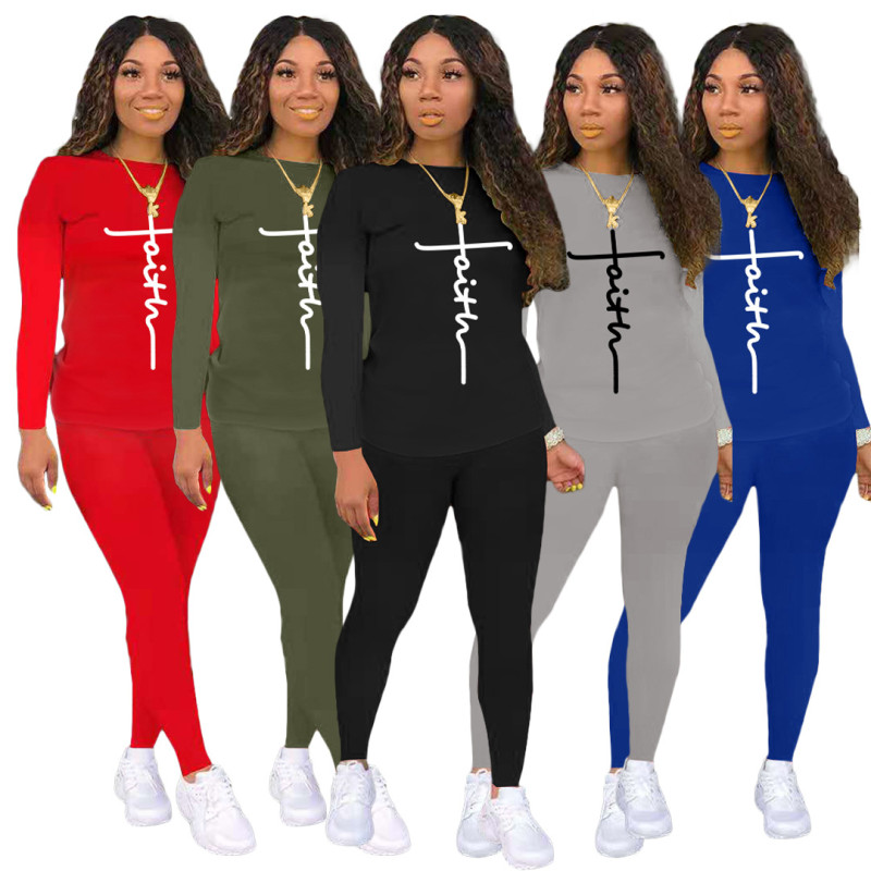 Fashion Ladies Alphabet Print Sweater Pull Rack Casual Sports Suit (with Pockets)