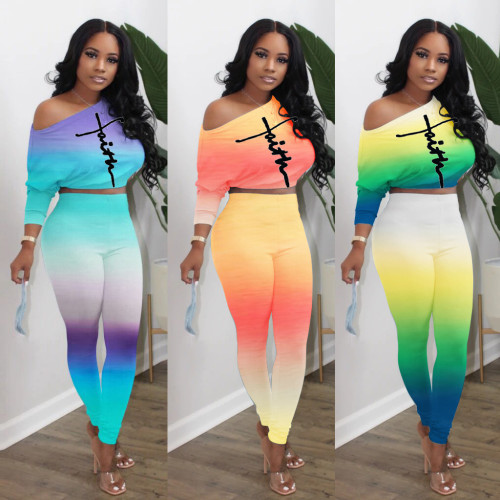 Sexy Inclined Collar Off Shoulder High Waist Suit Colorful Gradient Color Fluorescent Letters