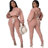 Women's clothing cute fashion temperament commuter spring and autumn solid color hooded two-piece set