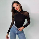 New women's round neck fashion mesh stitching long-sleeved slim solid color jumpsuit