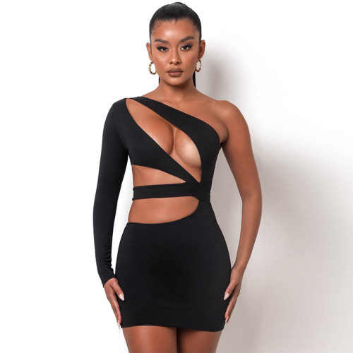 New women's fashion slanted shoulders long sleeves sexy hollow slim fit hip dress