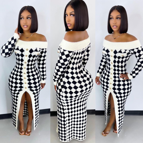 New Houndstooth Contrast Color One-Line Neck Tube Top Knit Sweater Dress