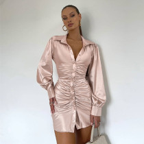 New Solid Color Lantern Sleeve Lapel Breasted Backless Fashion Sexy Dress New Solid Color Lantern Sleeve Lapel Breasted Backless Fashion Sexy Dress