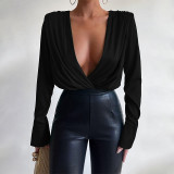 V-Neck Padded Shoulder Pleated Long-Sleeve Shirt Piece