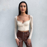 Sexy mesh stitching temperament long-sleeved top