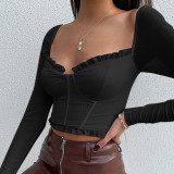 Sexy mesh stitching temperament long-sleeved top