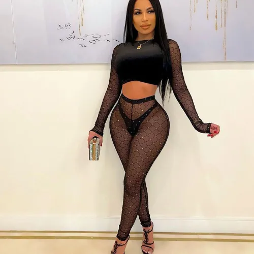 Sexy Perspective Cropped Navel Plush Patchwork Mesh Ladies Pants Set
