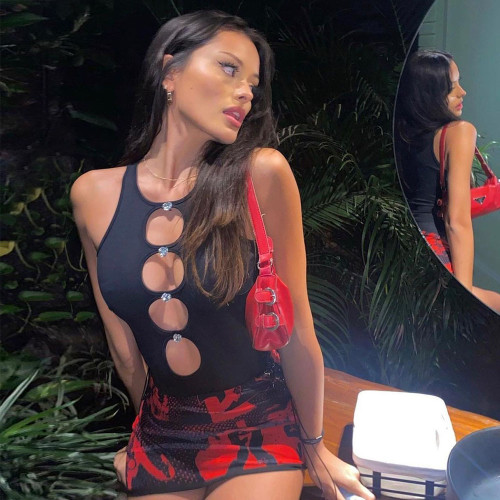 Women's Sleeveless Skinny Sexy Cutout U Neck Buckle Jumpsuit Women's