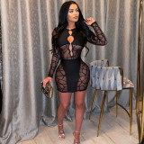 women's new sexy hollow see-through long sleeve dress