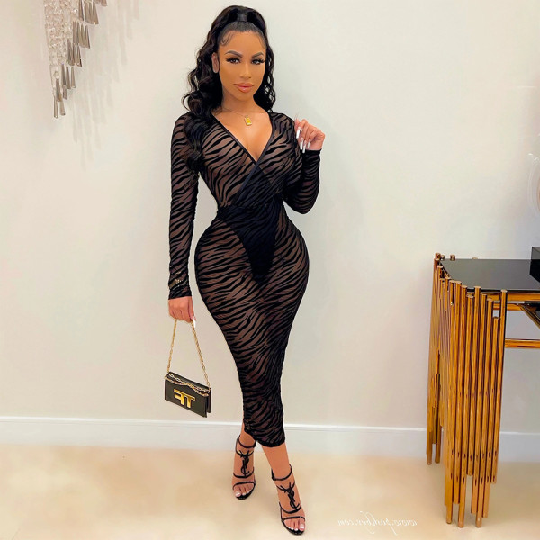 Sexy V-neck hollow see-through flocking long-sleeve dress women