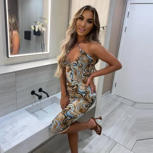 Wrap chest halter neck hollow strap drawstring pleated hip dress women
