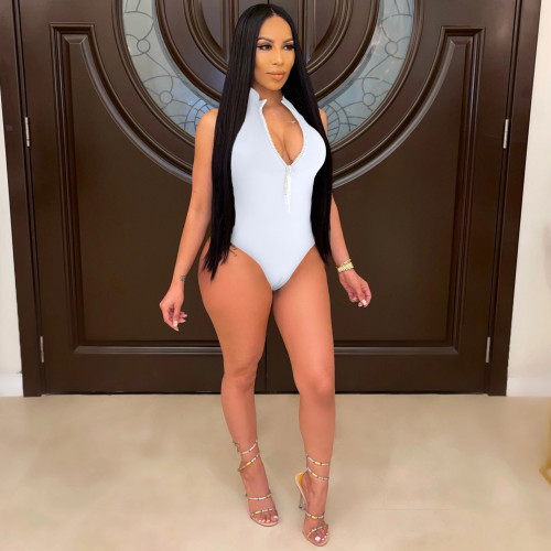 Fashion Women's Sleeveless Solid Color Masonry Zipper Jumpsuit