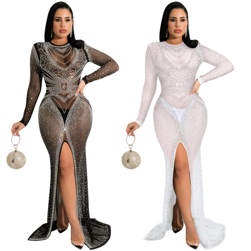 Fashion nightclub hot drill women's mesh see-through long-sleeved slit dress women X5595