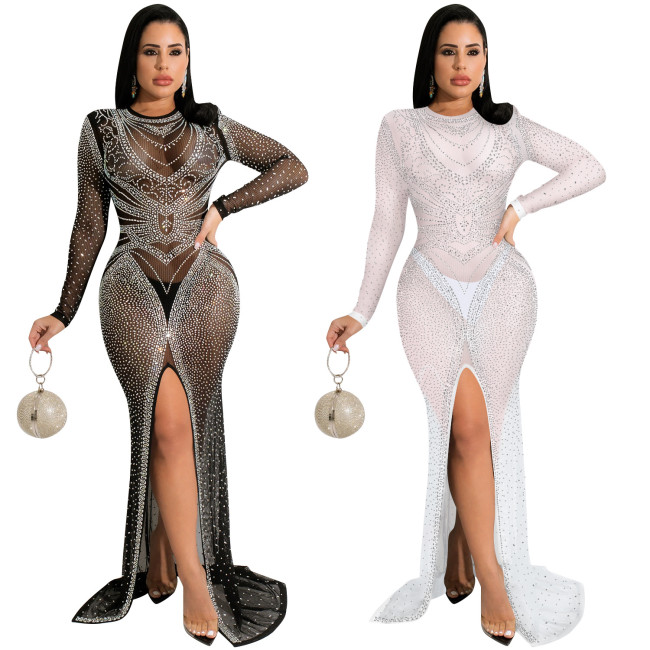 Fashion nightclub hot drill women's mesh see-through long-sleeved slit dress women X5595