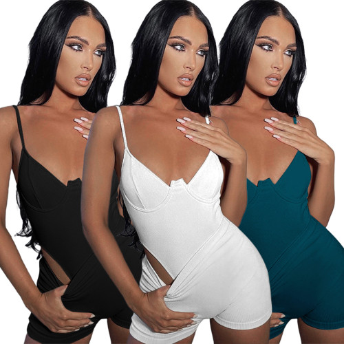 Solid color ribbed suspender jumpsuit + casual shorts two-piece set