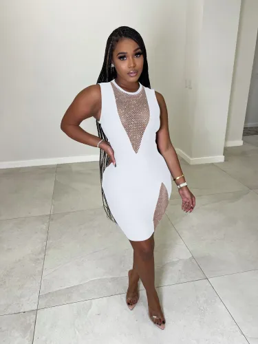 Sexy Deep V Stitching Color Diamond Sleeveless Slim Nightclub Dress