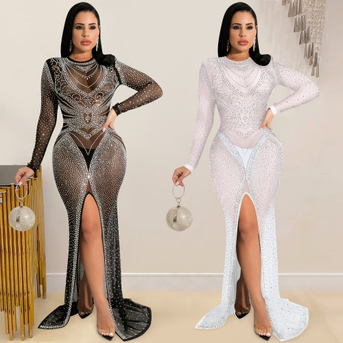 Fashion nightclub hot drill women's mesh see-through long-sleeved slit dress women X5595