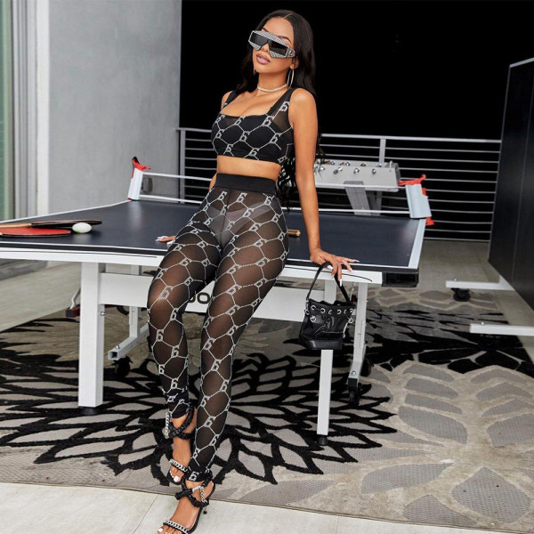 Sexy mesh print two-piece nightclub