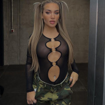 Women's Solid Color Casual Hollow Out Navel Ring Mesh Bodysuit Women's Solid Color Casual Hollow Out Navel Ring Mesh Bodysuit