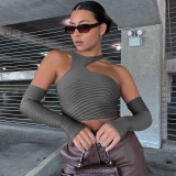 Solid Color Casual Round Neck Cutout Navel Crop Panel Long Sleeve Top