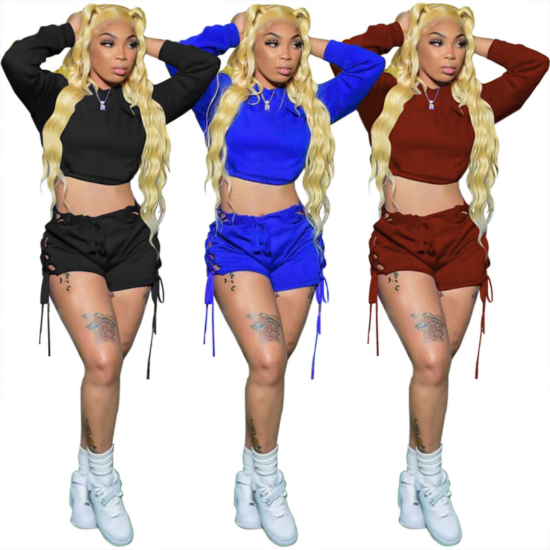 Casual Solid Color Tie Drawstring Shorts Two-Piece Set