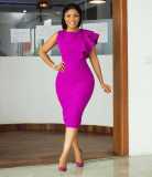 Lotus leaf sleeve solid color hip tight OL cross-border dress