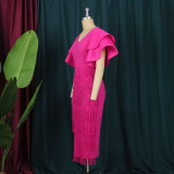 New V-Neck Ruffle Sleeves High Waist Fringe Party Dress Rose Red Women's Dress