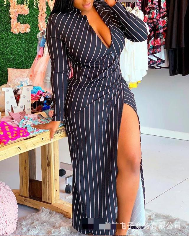 Women's Striped V-Neck High Slit Maxi Dress