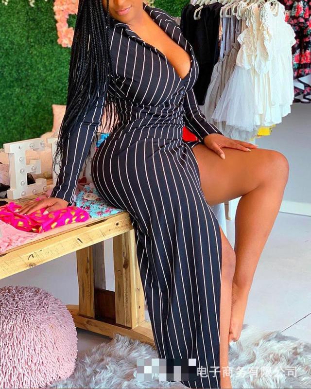 Women's Striped V-Neck High Slit Maxi Dress