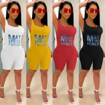 Offset High Waist Panel Solid Color Sleeveless Loose Jumpsuit (with Pockets)