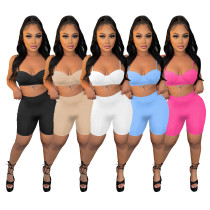 Women's summer sexy thin suspender shorts two-piece sexy solid color sports suit Women's summer sexy thin suspender shorts two-piece sexy solid color sports suit