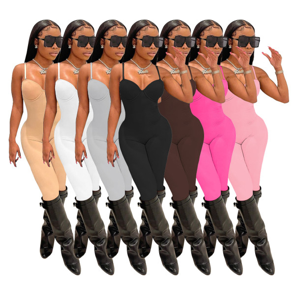 Women's summer sexy thin suspender jumpsuit women's solid color