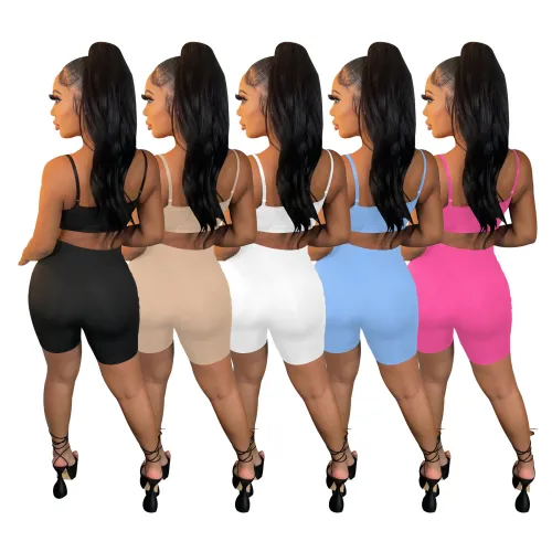 Women's summer sexy thin suspender shorts two-piece sexy solid color sports suit
