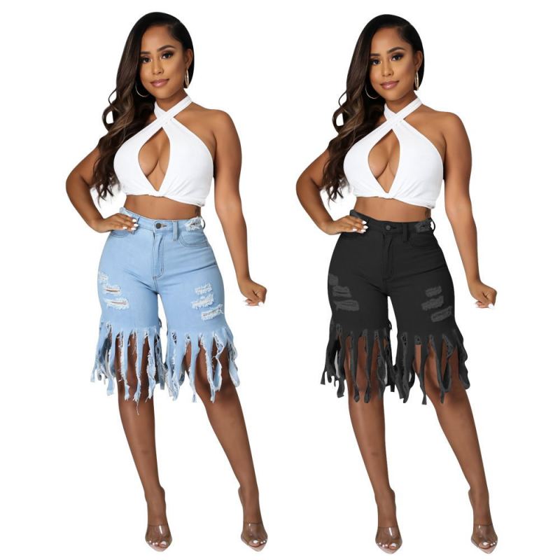 Casual Solid Frayed Fringe Jeans
