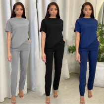 Spring/Summer Leisure Sports Solid Color Round Neck Short Sleeve Ribbon Splicing Two-piece Set