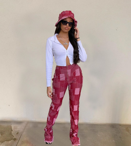 Women's Fashion Faux Denim Plaid Printed Hem Fringe Casual Pants