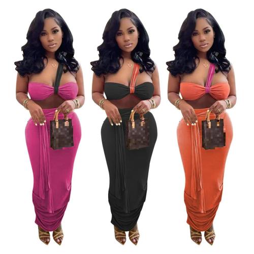 Women's Clothes Cute Suspended Chest Pleated Lace-Up Skirt Two Piece Set