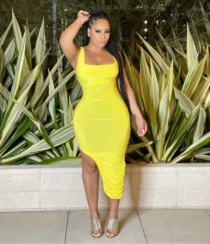 Women's Fashion Solid Color Pleated High Elasticity Slim Dress