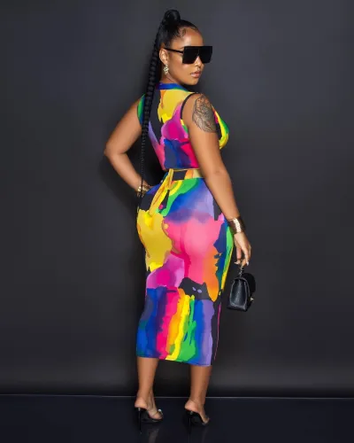Tie-up Tube Top Colorful Print Dress Two-Piece Set