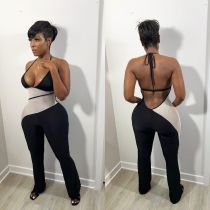 spring paneled color-block halterneck jumpsuit
