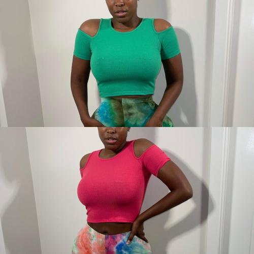Off Shoulder Pit Strip Solid Color Casual Sports Slim T-Shirt