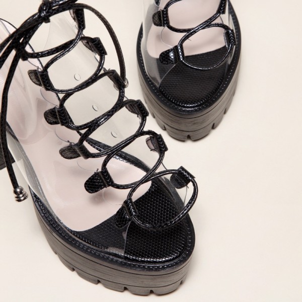 Large size cool boots Cross-border lace up fish mouth PVC women's boots Candy color transparent PVC thick heel boots S600613877023