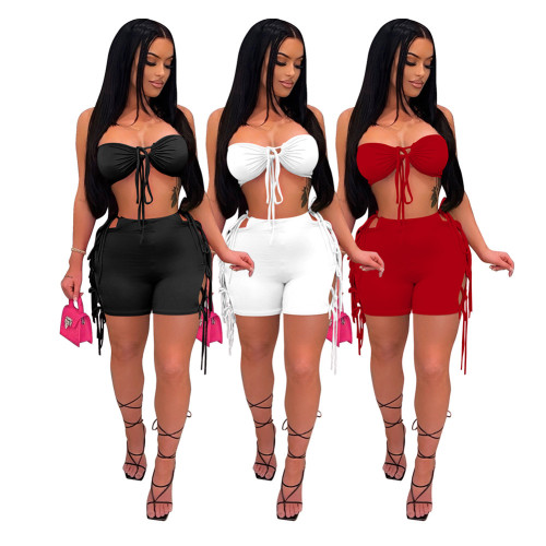 Spring and summer solid color wrap chest straps personality lace hollow two-piece set